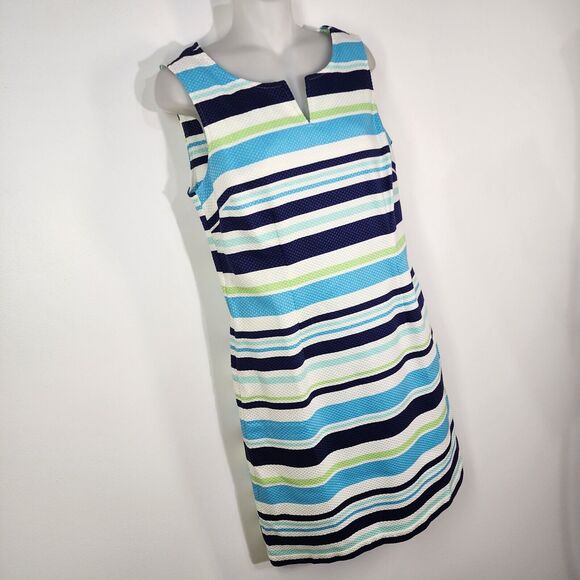 Talbots Petites Women Mini Dress 8P Blue White Striped Sleeveless A Line Pockets - Picture 4 of 9